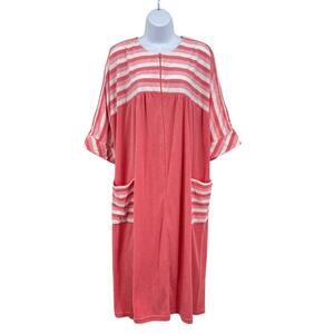 Vtg Pink Stripe Terry Cloth Half Zip Robe Swim Cover-Up House Dress Medium